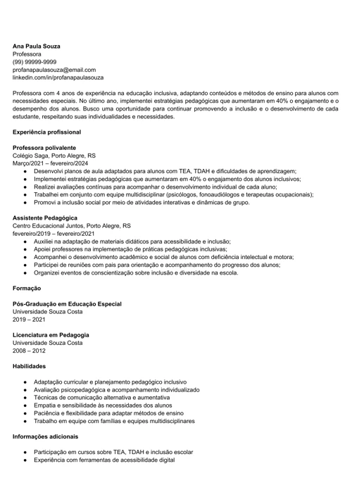 modelo de currículo de professor de educação inclusiva