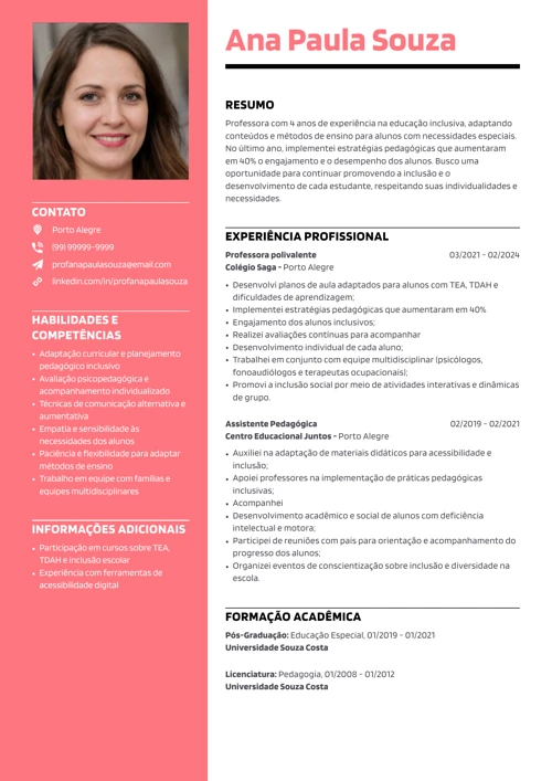 modelo de currículo de professor de educação inclusiva