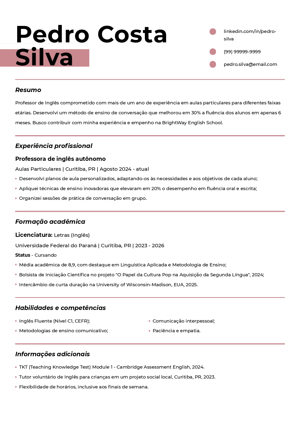 currículo de professor de inglês iniciante