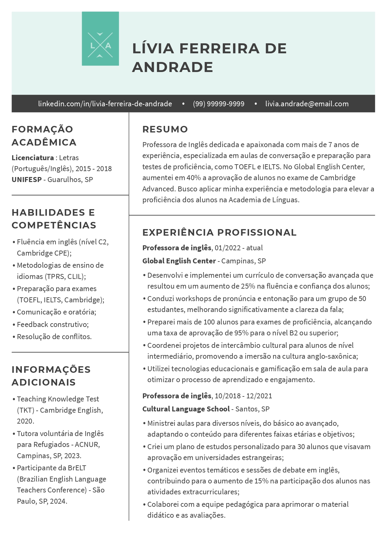 currículo de professor de inglês experiente