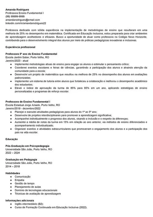 modelo de curriculum vitae para professor de ensino fundamental