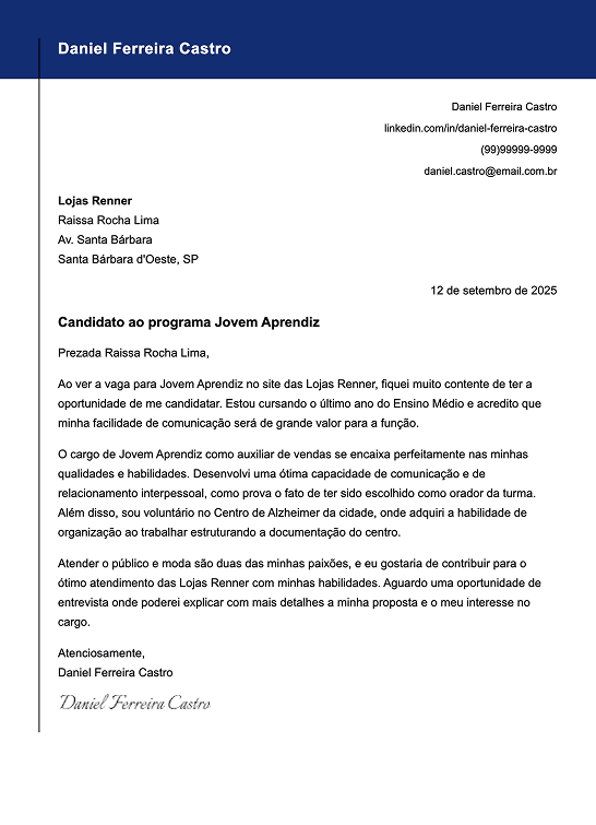 Modelo de carta de apresentação profissional