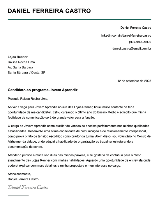 Modelo de carta de apresentação simples
