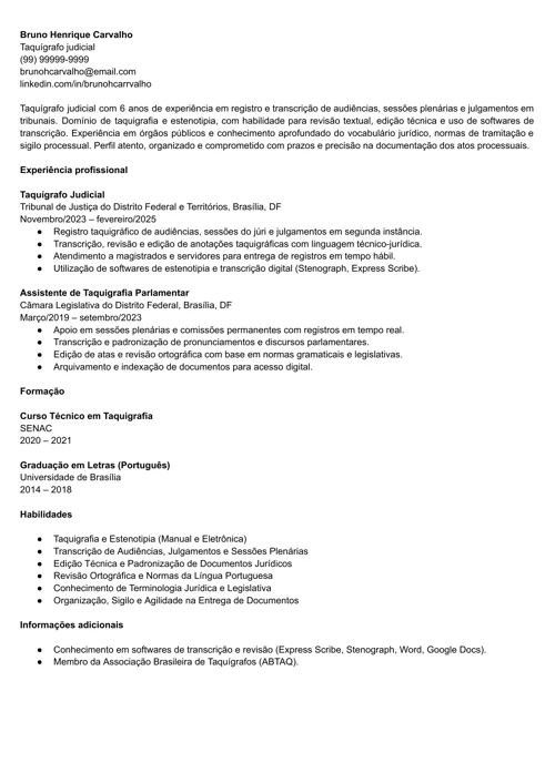 modelo de currículo de taquígrafo judicial
