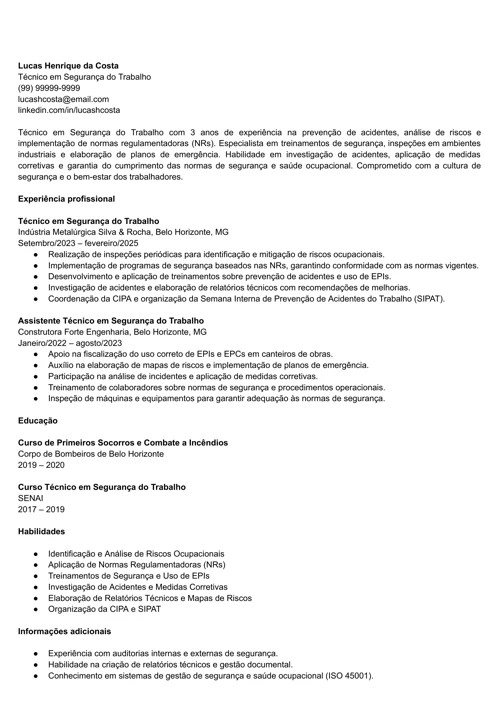 modelo de currículo de técnico em segurança do trabalho