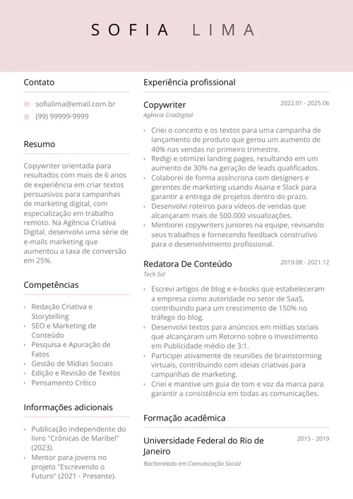 currículo feito no gerador online da LiveCareer