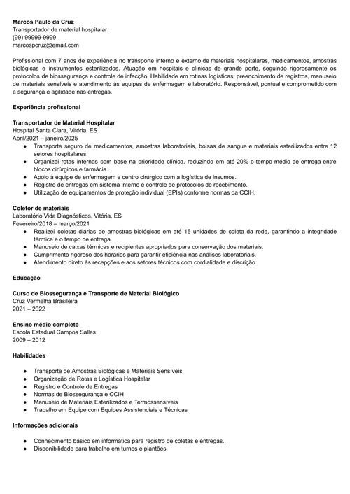 modelo de CV personalizável para transportador de material hospitalar
