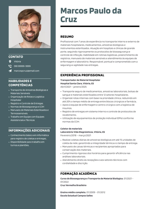 modelo de CV personalizável para transportador de material hospitalar