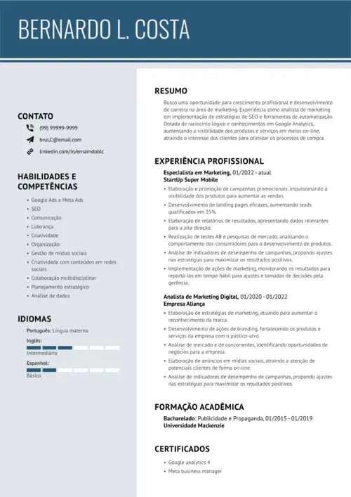 exemplo de CV feito no gerador da LiveCareer
