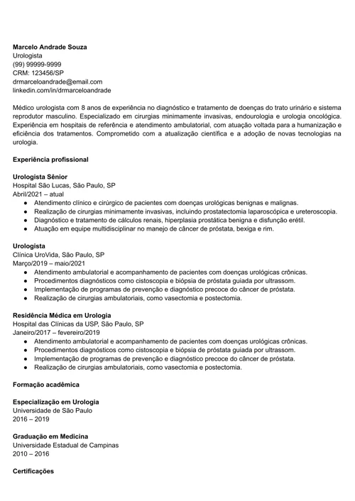 exemplo de currículo de urologista pronto