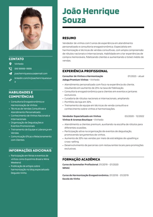 modelo de currículo de vendedor de vinhos