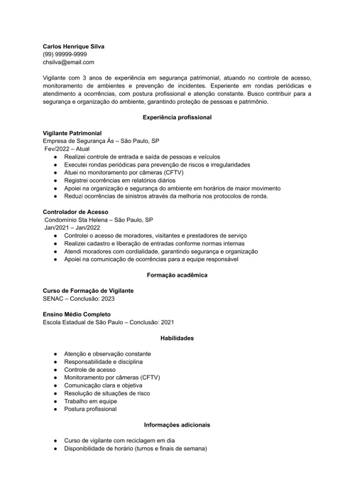 modelo de currículo de vigilante